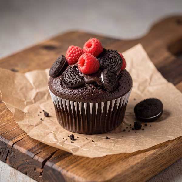 AI-genereret illustration: chokolade muffins med oreo og hindbær