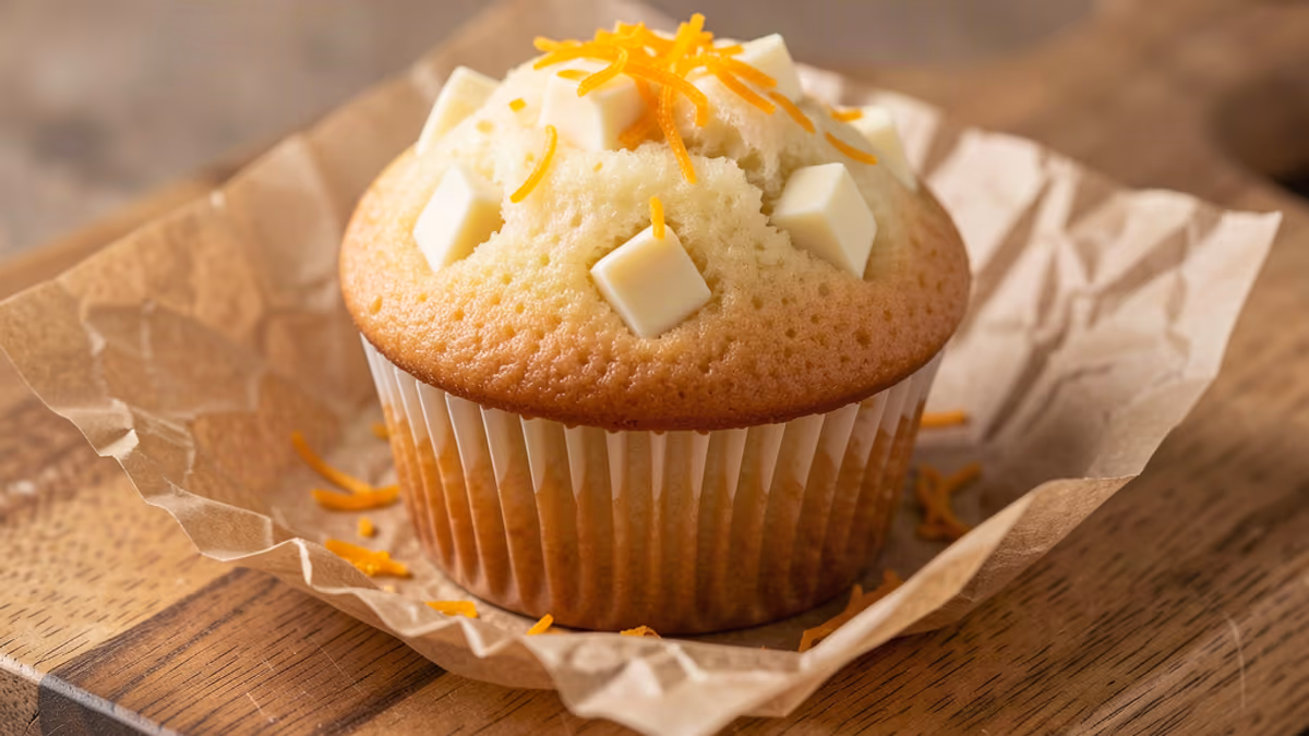 AI-genereret illustration af hvidchokolade muffins med appelsin