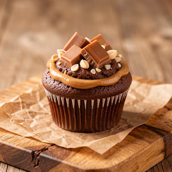 AI-genereret illustration: muffins med snicker-schokolade og peanutbutter